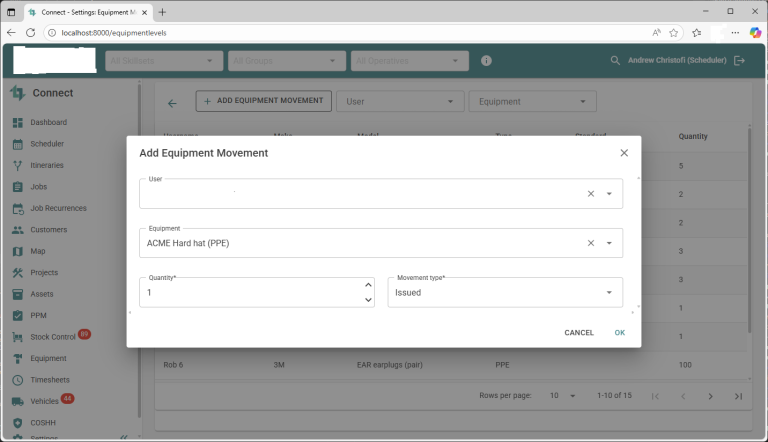 Image of how to add a new equipment movement to Connect