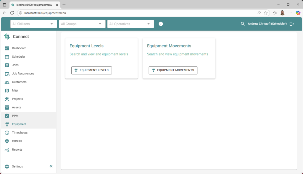 Image displaying Equipment Levels feature and Equipment Movement feature within Connect Software 