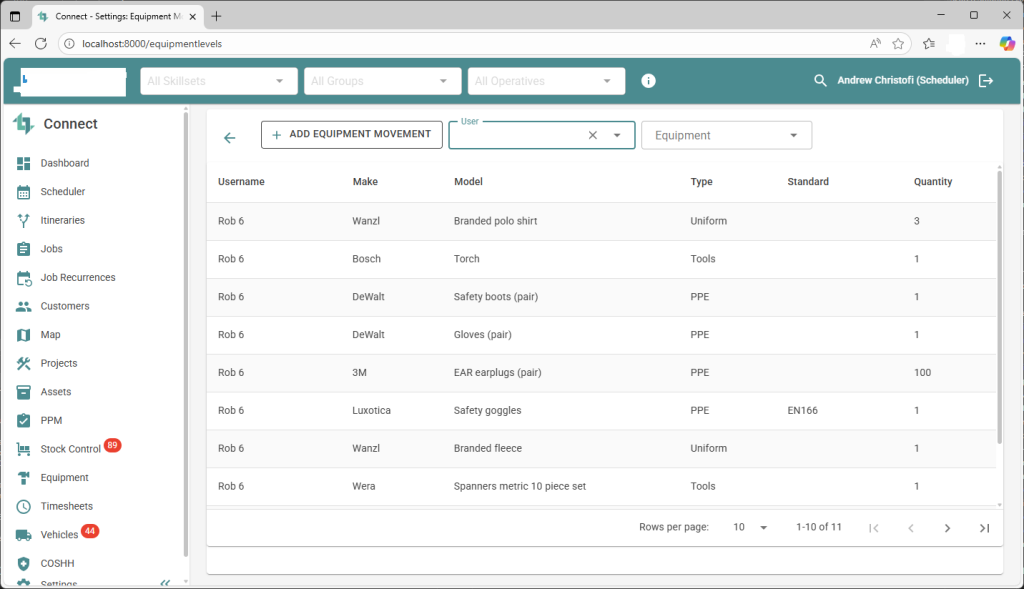 Image of equipment feature displaying, user information, the type of equipment, the quantity etc.