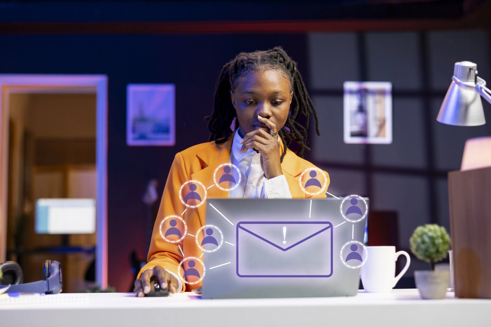 A business women replying to internal emails