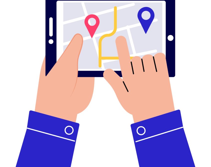 Clip art of person tracking location on a tablet computer
